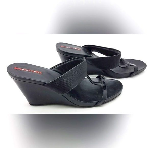 Prada Black Patent Leather/Nylon Wedges  COA - Picture 2 of 6